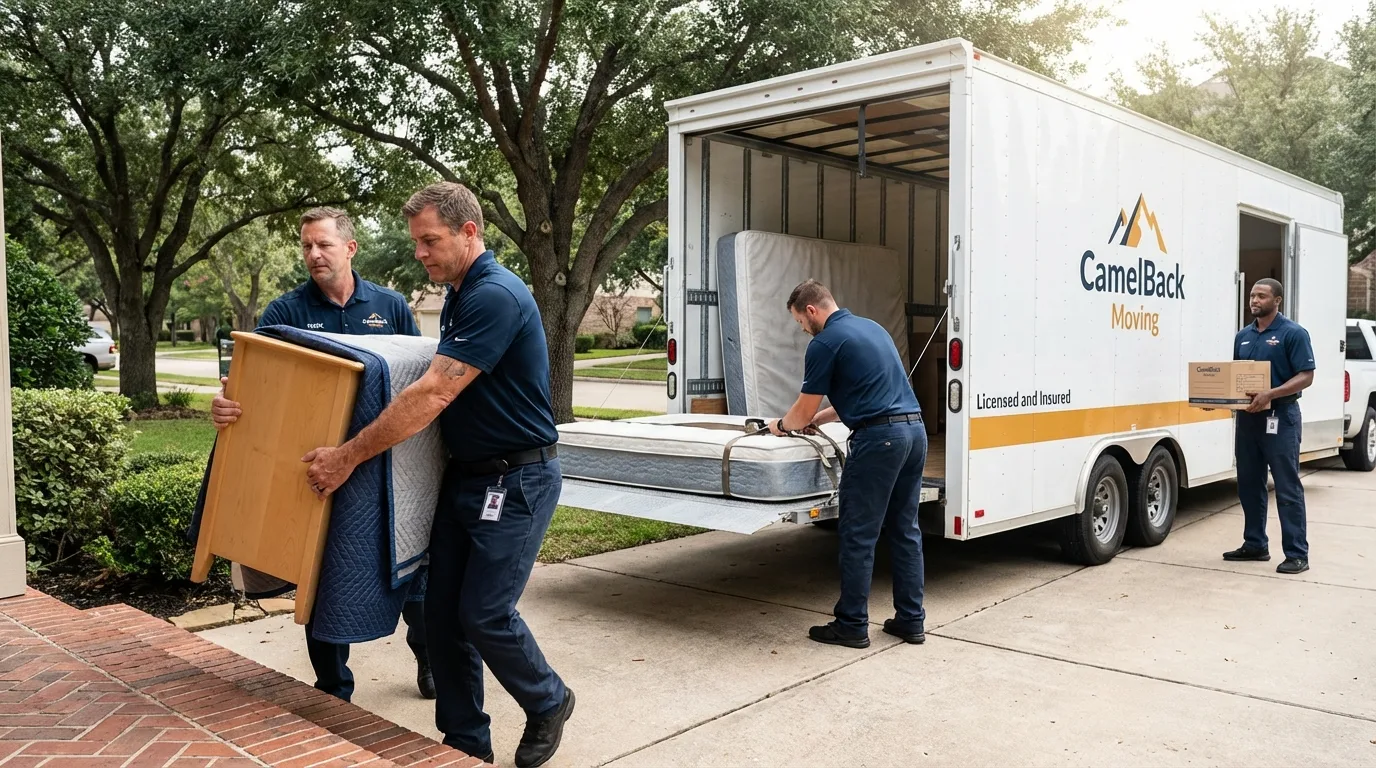 Crew loading residential truck for cross-state move from Lena, IL