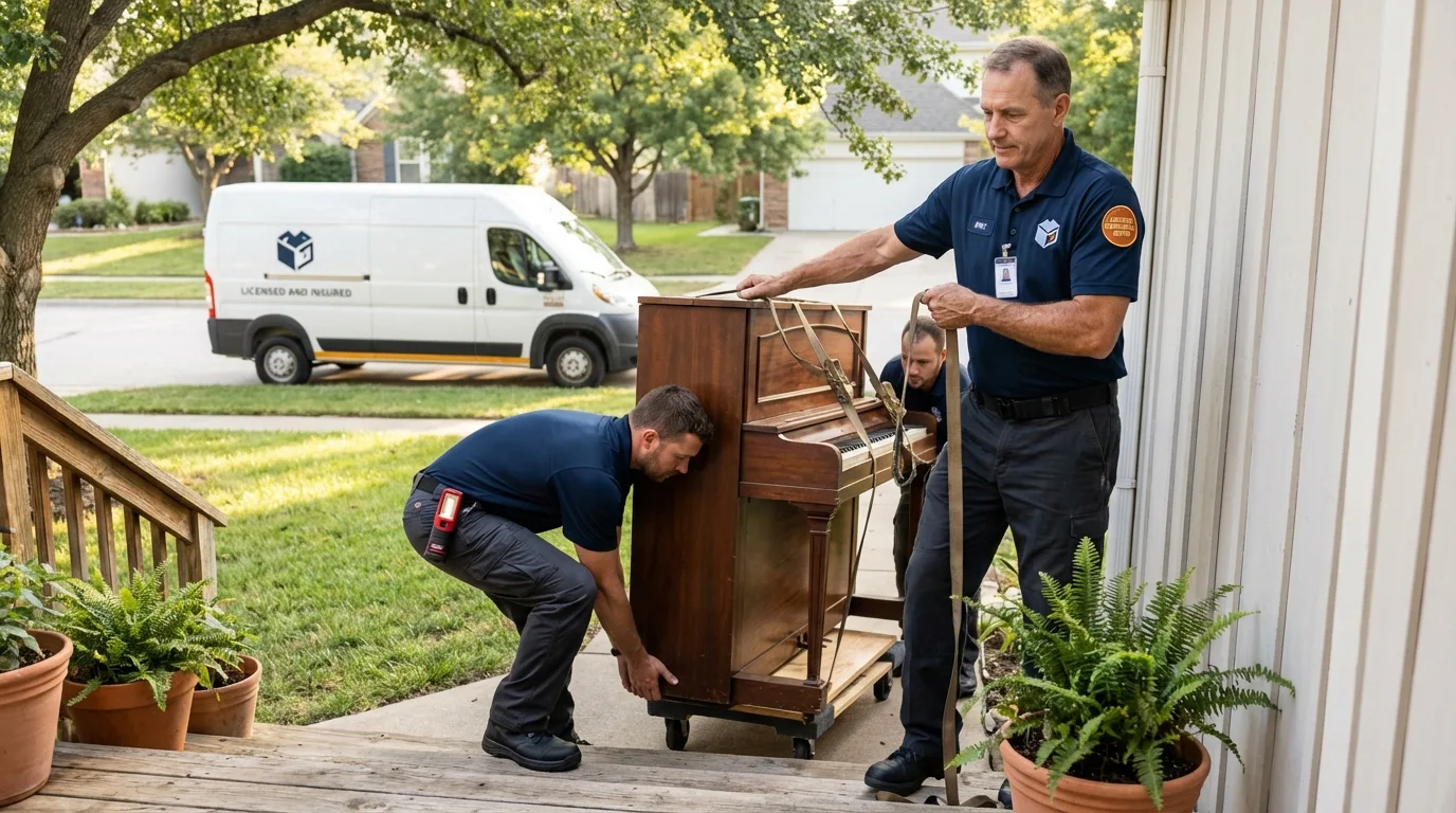 Licensed piano movers securing grand piano in Lena, IL
