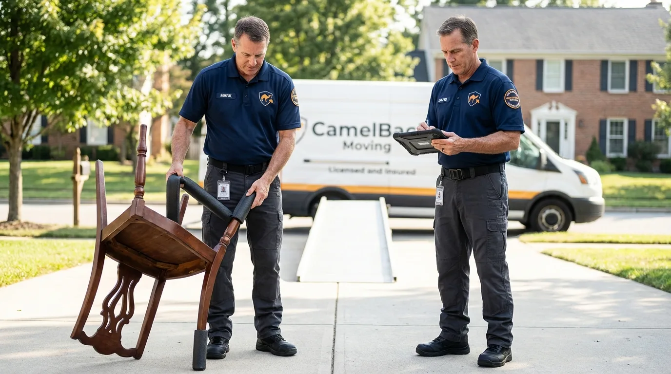 Movers inspecting furniture for damage prevention before loading in Lena, IL
