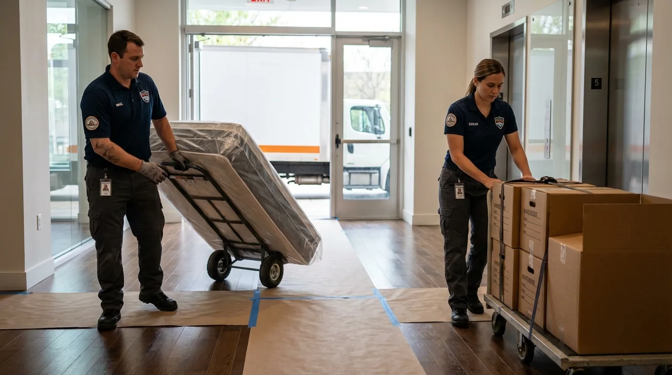Professional apartment movers loading elevator in Lena, IL