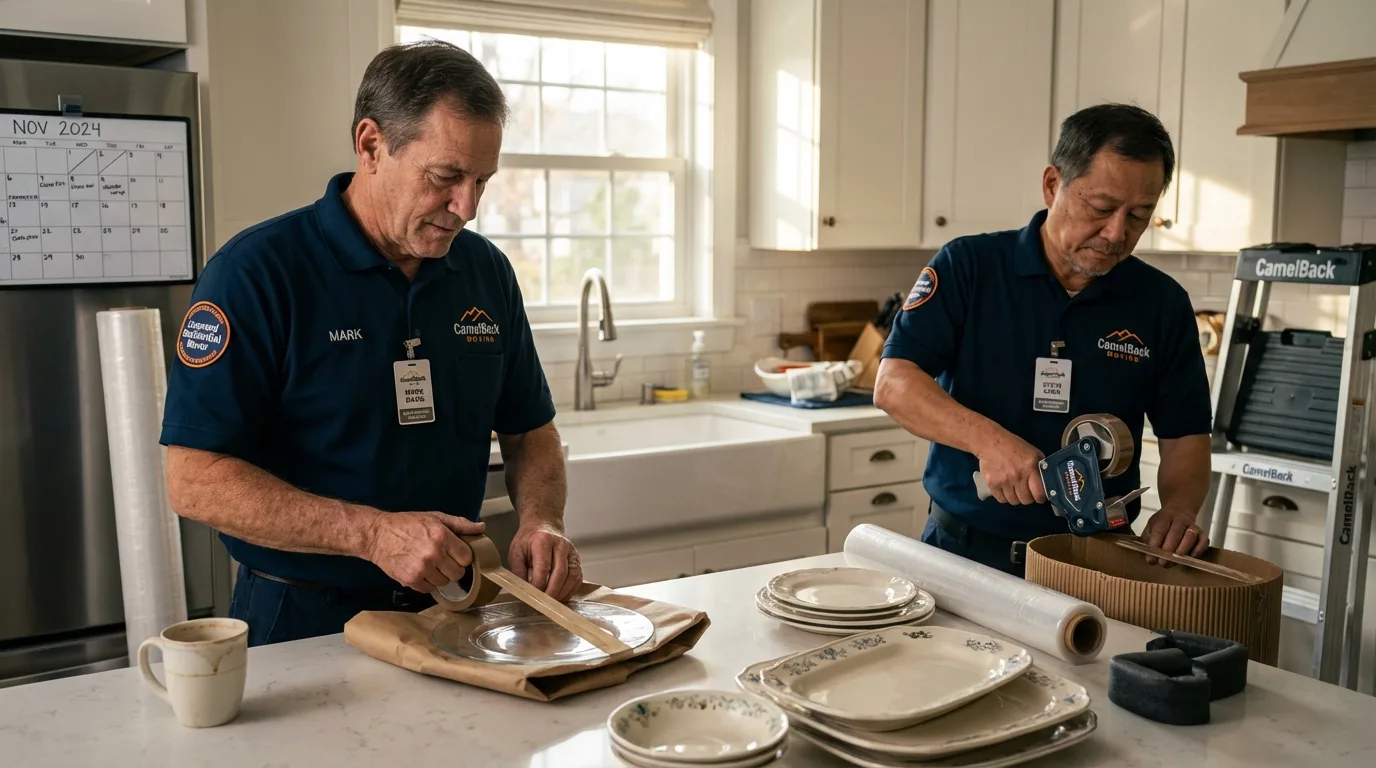 Professional crew packing kitchen dishware in Lena, IL